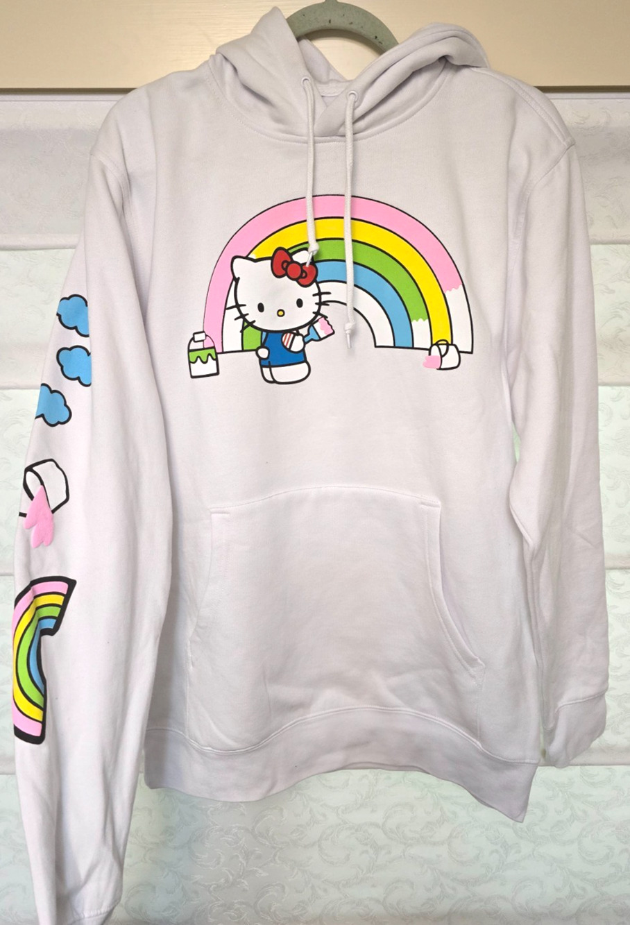 Hello Kitty Friends Rainbow Hoodie White Sanrio Graphic Pullover Medium NWOT